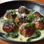 Savory Baked Chicken Ricotta Meatballs with Spinach Alfredo Sauce