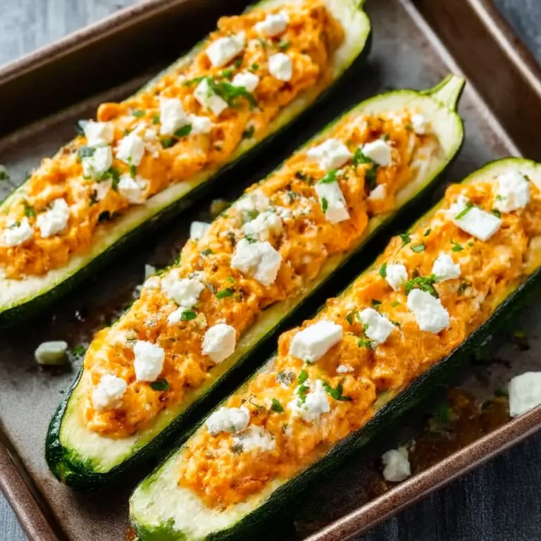 High Protein Buffalo Chicken Stuffed Zucchini Boats Recipe