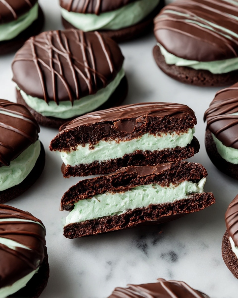 The image shows chocolate mint sandwich cookies arranged on a white marbled surface. Each cookie has three layers: a dark brown, soft-looking chocolate cookie base, a thick middle layer of light green mint cream with a smooth, fluffy texture, and a top layer of glossy dark chocolate with thin, darker chocolate drizzle lines creating a pattern. In the center, a cookie is cut in half to clearly show the thick mint cream sandwiched between the chocolate cookie layers, with the chocolate on top slightly cracked to reveal the soft inside. photo taken with an iphone --ar 4:5 --v 7