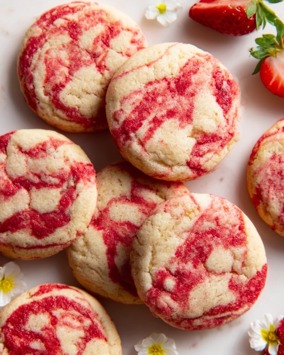 The image shows a group of round cookies with a marbled pattern of red and white swirls on their soft, slightly cracked surface. There are six cookies placed closely together on a white marbled texture background, with a few small white and yellow flowers scattered around for decoration and some fresh strawberries partially visible at the edge. The cookies look soft and crumbly, with the red swirls giving them a tinted, slightly glossy appearance. The scene is bright and fresh, emphasizing the texture and colors of the cookies. Photo taken with an iphone --ar 4:5 --v 7