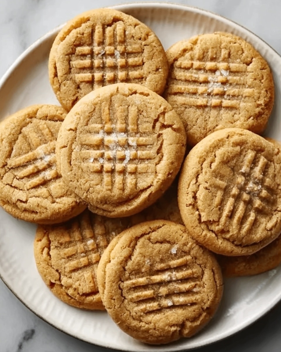 A white round plate filled with six round, golden-brown cookies arranged in a layered pattern, each cookie showing a cracked top with a grid-like fork pattern pressed into the surface. The cookies have a slightly rough texture with a few visible grains of sea salt sprinkled on top. A white marbled surface is visible around the plate, giving a clean and simple background. Photo taken with an iphone --ar 4:5 --v 7