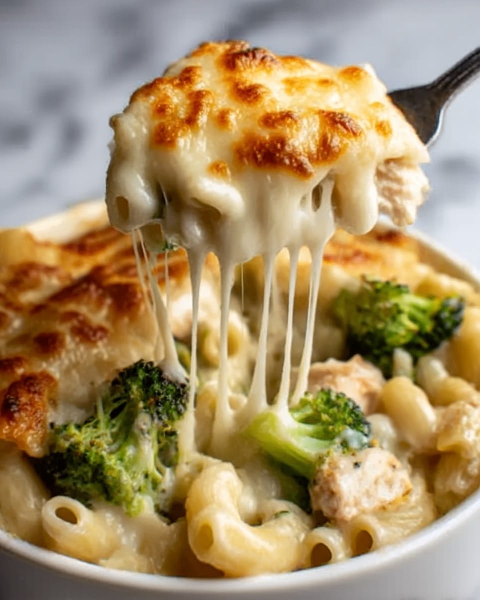 The image shows a close-up of a cheesy pasta dish in a white bowl on a white marbled surface. The dish has three main layers: the bottom layer is creamy macaroni pasta mixed with green broccoli florets, the middle layer is melted white cheese that stretches as a silver fork lifts a portion, and the top layer is golden-brown baked cheese with small browned spots. The texture of the top cheese is slightly crispy, while the pasta and broccoli look soft and covered in sauce. Photo taken with an iphone --ar 4:5 --v 7