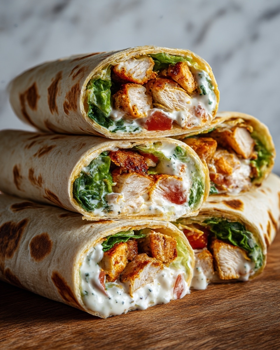 The image shows four large wraps cut in half and stacked on a wooden board. Each wrap has a soft, slightly toasted light beige flatbread with brown spots on the outside. Inside, there are three visible layers: chunks of golden-brown grilled chicken with a crispy texture, fresh green lettuce leaves mixed with small pieces of red tomato, and a thick white creamy sauce with black pepper specks running through it. The wraps are close together, showing a neat, filled cross-section of the ingredients. The background is a white marbled texture. photo taken with an iphone --ar 4:5 --v 7