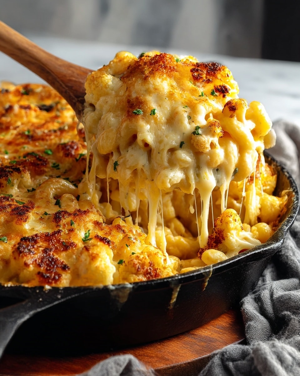 A close-up shows a black cast iron pan filled with macaroni and cheese topped with a golden brown crispy layer with some browned roasted cauliflower pieces mixed in. The creamy, melted cheese is thick and gooey, stretching as a wooden spoon lifts a serving from the pan, revealing the layered pasta covered in cheese sauce beneath the crispy top. Small green parsley pieces are sprinkled over the dish, adding a touch of color. The pan sits on a wooden board with a soft, crumpled gray cloth nearby against a white marbled texture background. photo taken with an iphone --ar 4:5 --v 7