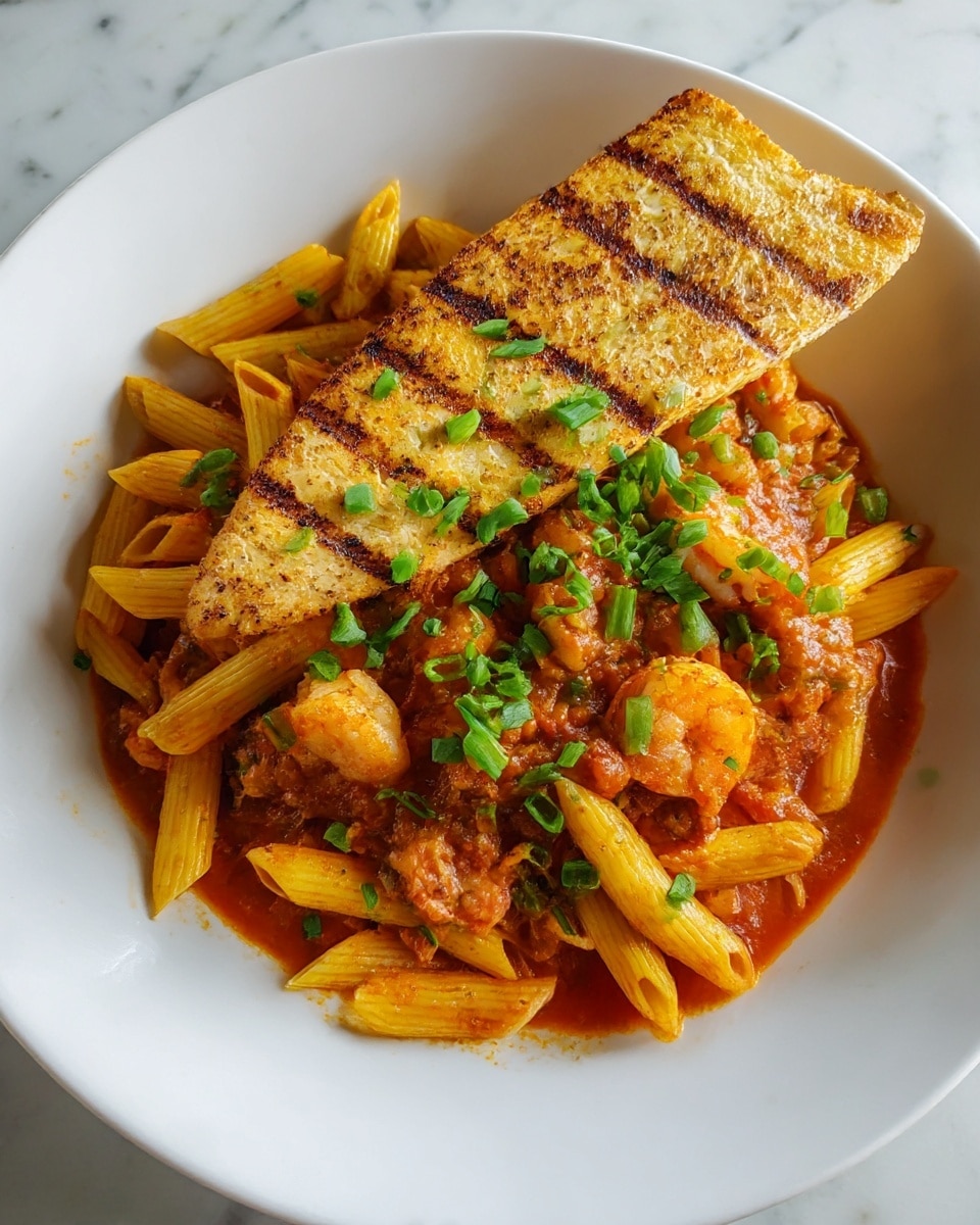 A white plate holds a dish with three main layers: at the bottom is a rich red tomato sauce with visible herbs and spices, on top of that, there is a layer of yellowish-orange penne pasta mixed with pieces of cooked shrimp and chicken, and sprinkled green chopped scallions scattered across. Resting partially on the pasta is a large, golden brown grilled piece of fish with dark grill marks running diagonally. The plate is placed on a white marbled surface. photo taken with an iphone --ar 4:5 --v 7