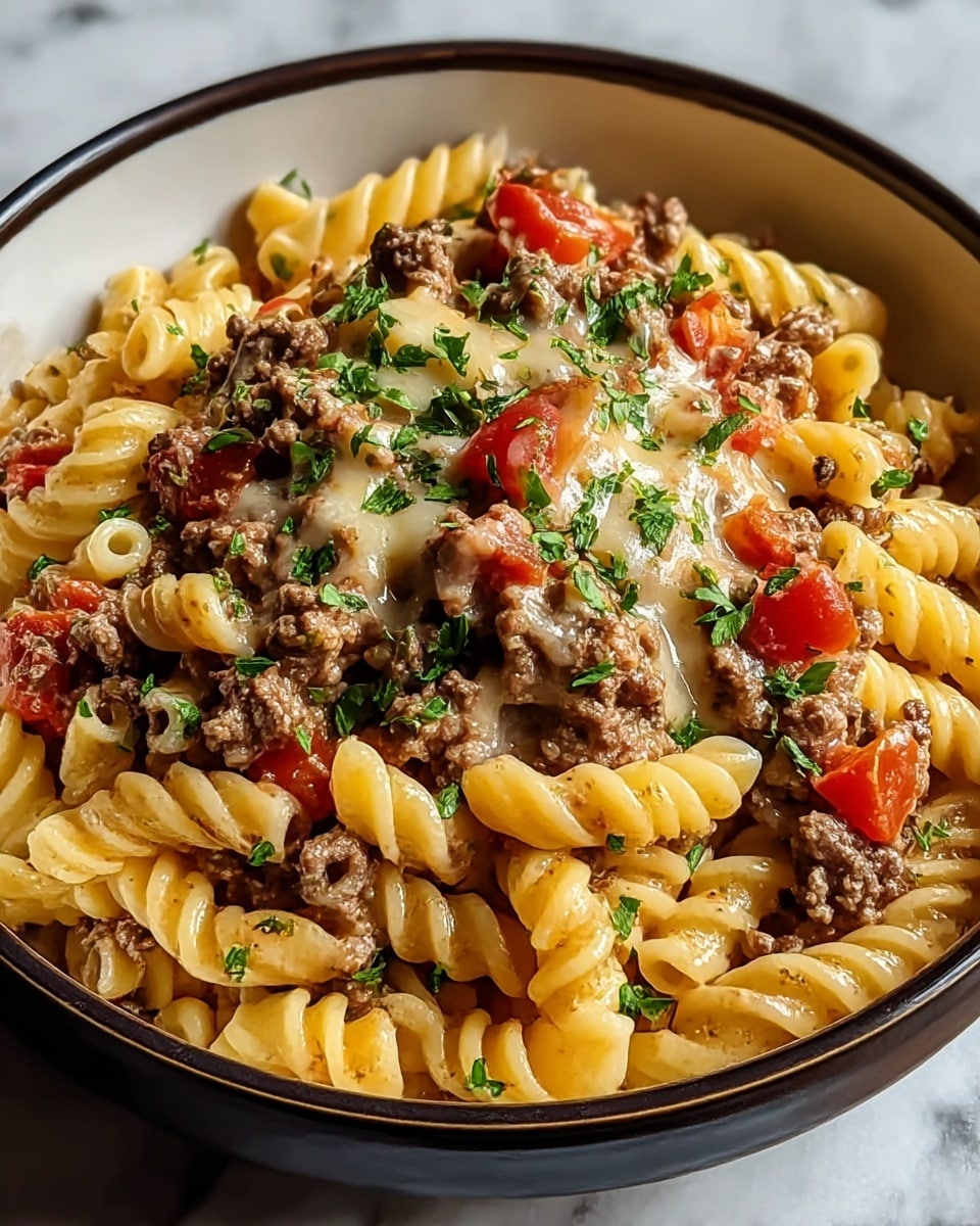 A close-up view of a bowl filled with creamy pasta layered at the bottom with short, ridged, pale yellow pasta twisted into spirals. On top, there is a generous layer of cooked ground beef, brown and crumbly, mixed with small chunks of bright red tomatoes. Over the meat and pasta, melted cheese covers parts of the dish, showing a smooth, glossy texture with light browning. The dish is finished with a sprinkling of fresh, chopped green herbs, scattered evenly across the top. The bowl is white with a dark rim, placed on a white marbled surface. Photo taken with an iphone --ar 4:5 --v 7
