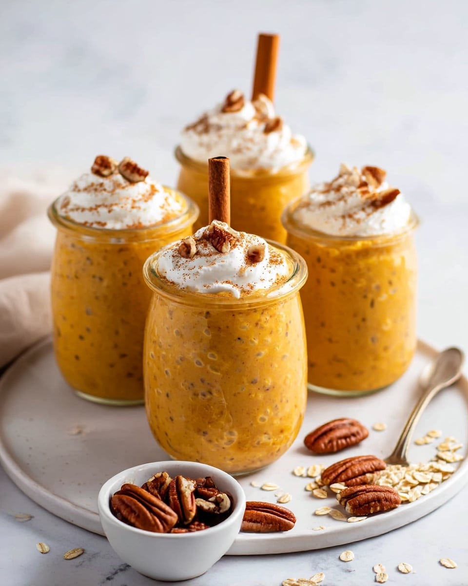 Three clear glass jars filled with a thick, orange pumpkin mixture speckled with small black chia seeds are placed on a white marbled surface. Each jar has a layer of smooth pumpkin chia pudding topped with a swirl of white whipped cream. On top of the whipped cream, there are dark brown pecan halves and a sprinkling of cinnamon powder. A single cinnamon stick stands upright in each jar, piercing through the top layers. In front of the jars, there is a small white bowl filled with dark brown pecans, and a loose cinnamon stick lies on the surface near the jars. The overall lighting is soft, highlighting the creamy texture and warm tones of the pumpkin mixture. Photo taken with an iphone --ar 4:5 --v 7