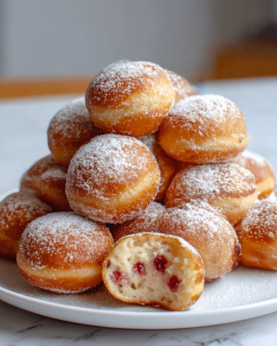 A white plate is filled with about a dozen small round donuts piled high, each donut has a golden brown, slightly shiny surface dusted with white powdered sugar. One donut is cut open, showing a soft, fluffy inside with bits of red fruit filling visible. The plate sits on a white marbled surface. Photo taken with an iphone --ar 4:5 --v 7