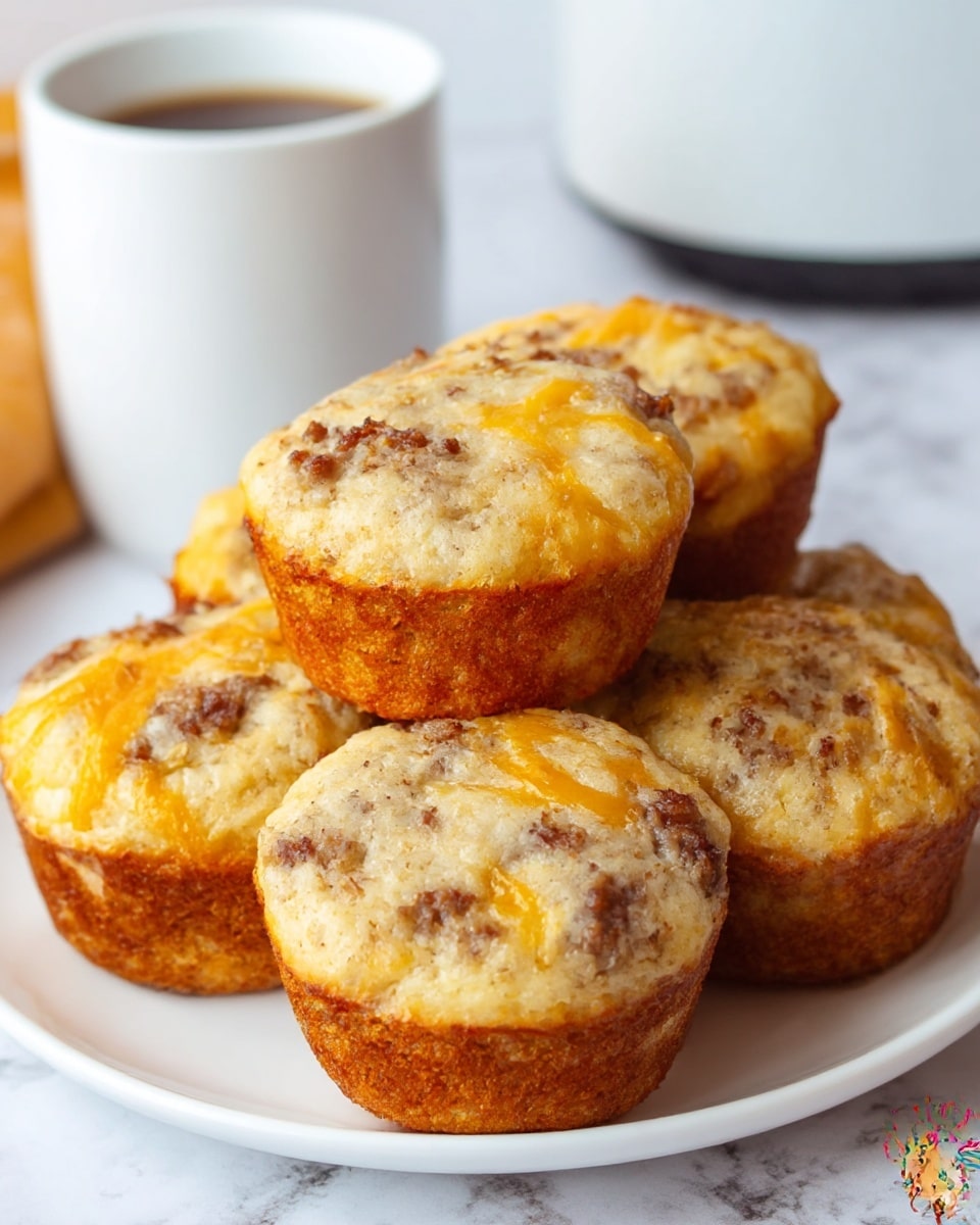 A white plate is stacked with soft, round muffins that have a light golden-brown top mixed with small visible bits of cooked sausage and melted cheese spread unevenly over the surface. The muffin edges are a slightly darker brown, showing a baked crust. In the background, a white cup of black coffee is slightly out of focus, placed on a white marbled surface. The muffins look warm and fresh, with a moist and dense texture visible through the close-up shot. photo taken with an iphone --ar 4:5 --v 7