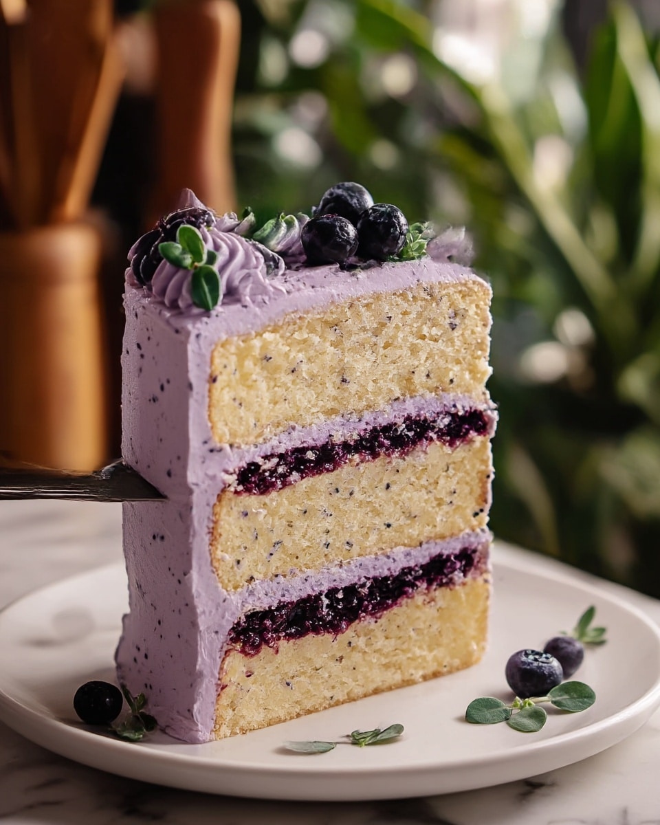 A slice of three-layer vanilla sponge cake is lifted, showing two thick layers of dark purple blueberry filling between the soft pale yellow cake layers. All the cake is coated in smooth light purple frosting with a creamy texture, extending around the sides and top in soft swirls. Two fresh blueberries sit on top of the slice. The whole cake below is frosted similarly and decorated with a few scattered blueberries and small green herb sprigs on top. The setting features a white marbled surface with blurred green plants and warm wooden tones in the background. Photo taken with an iphone --ar 4:5 --v 7
