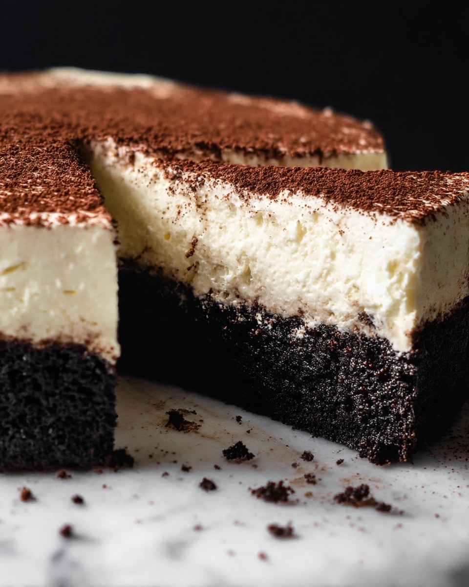The image shows a two-layer cake with a thick bottom layer of dark black, moist, and crumbly texture topped with a thick creamy white layer that looks smooth and soft. The top cream layer has a light dusting of dark cocoa powder sprinkled unevenly, giving it a slightly rough look. The cake is set on a white marble surface with some crumbs scattered around. A slice is cut out, showing the clear separation between the dark cake and the white cream on top. The background is black, highlighting the colors and textures of the cake. photo taken with an iphone --ar 4:5 --v 7