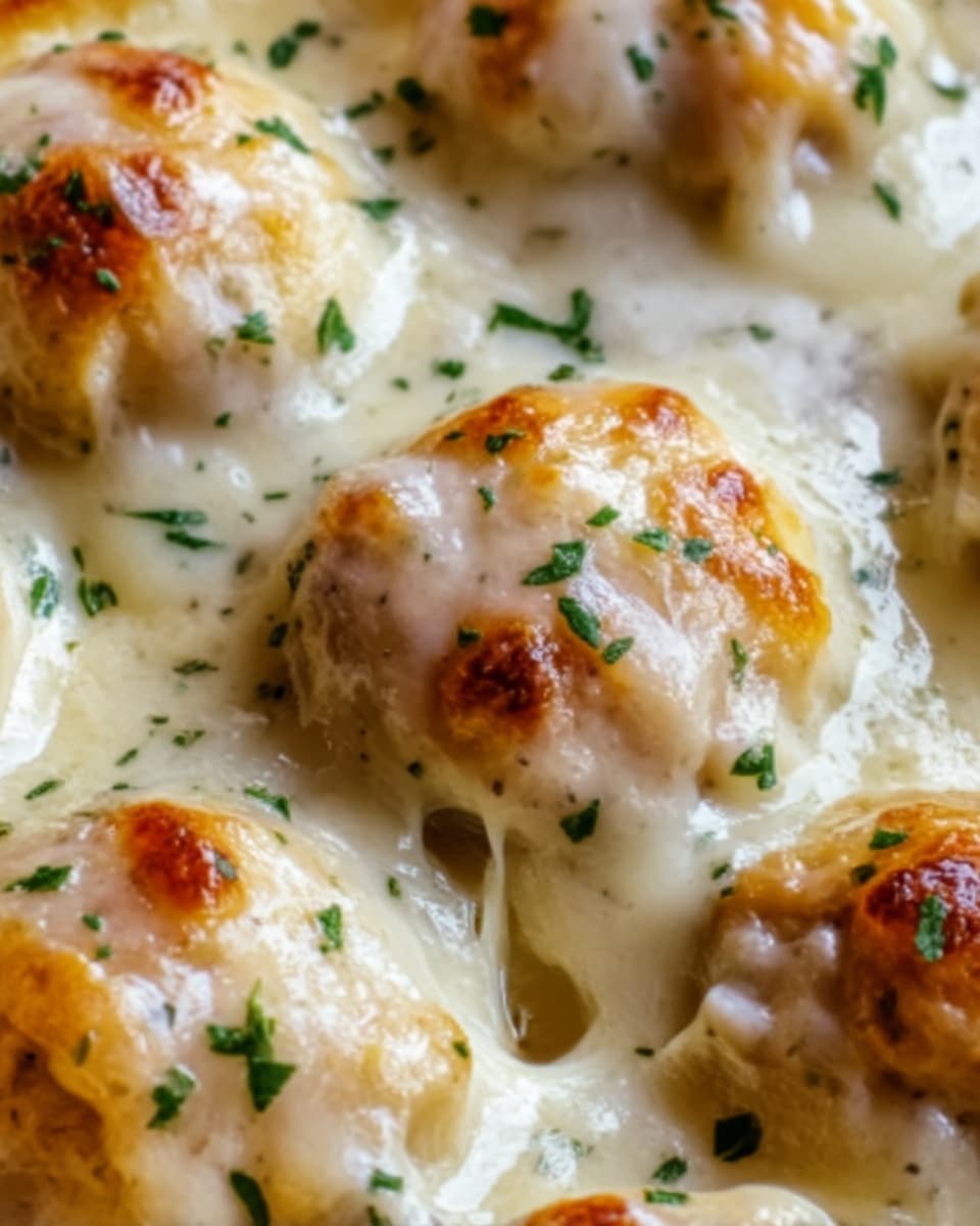 The image shows a close-up of a baked dish with several golden-brown dumplings covered in melted, creamy white cheese. The dumplings have a slightly crispy, browned top with some small green herbs sprinkled over the cheese, adding a fresh touch. The texture of the cheese is smooth and gooey, stretching slightly between the dumplings. The background is a white marbled surface. Photo taken with an iphone --ar 4:5 --v 7