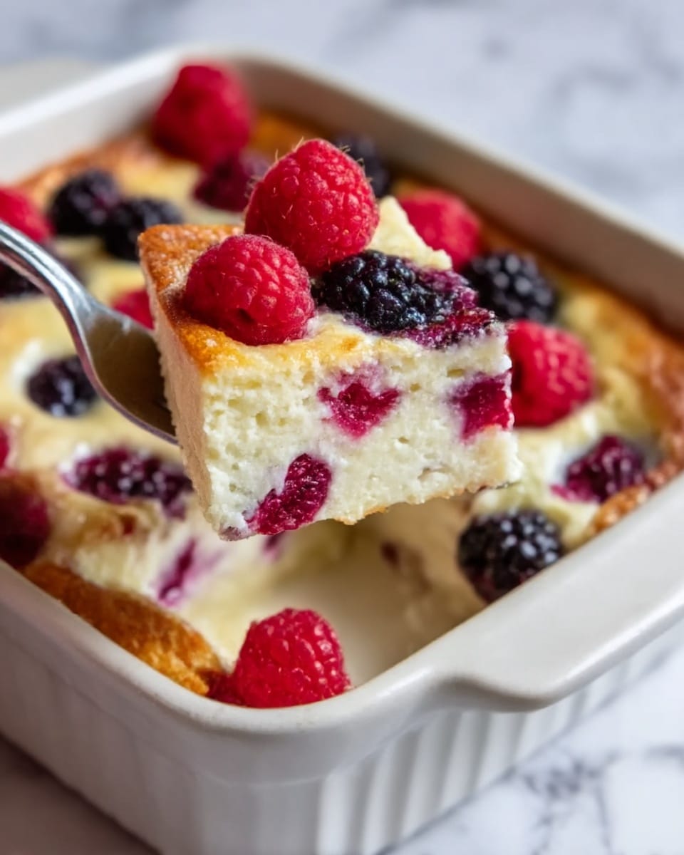 A close-up image of a square white ceramic dish filled with a creamy baked dessert that has a soft, fluffy texture. The dessert is layered with bright red raspberries and dark purple blackberries both on top and inside. The top layer is slightly golden with visible berries embedded, and a silver fork held by a woman's hand is lifting a square piece showing the creamy interior dotted with red and purple berries. The background features a white marbled texture. Photo taken with an iphone --ar 4:5 --v 7