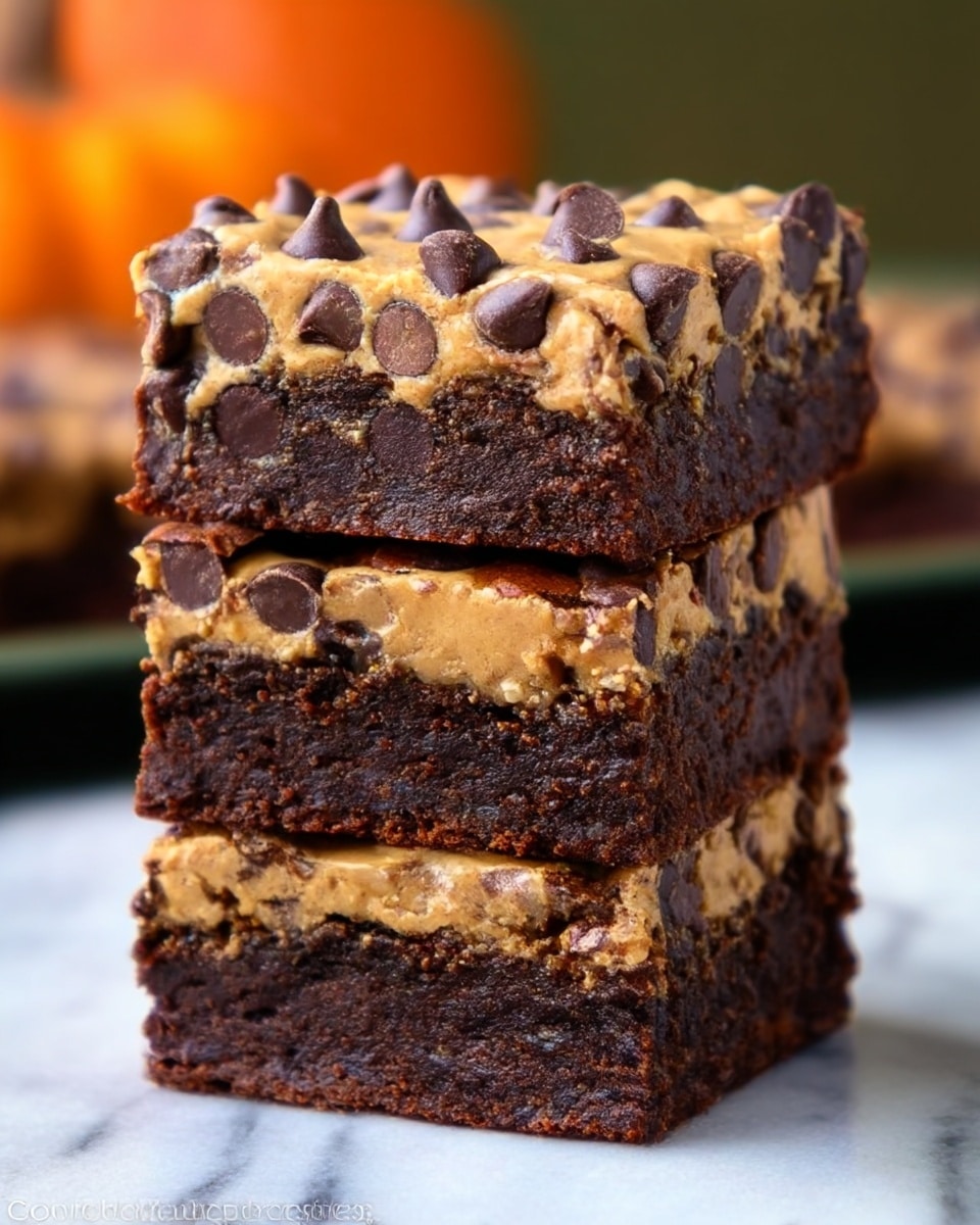 This image shows a stack of three thick chocolate brownies, each with two distinct layers. The bottom layer is a rich, dark brown chocolate brownie with a dense and fudgy texture. The top layer is a light tan peanut butter spread dotted with many dark chocolate chips, giving it a textured, slightly bumpy look. The brownies are stacked on each other vertically, and the background is soft and blurred with warm colors, sitting on a white marbled surface. photo taken with an iphone --ar 4:5 --v 7