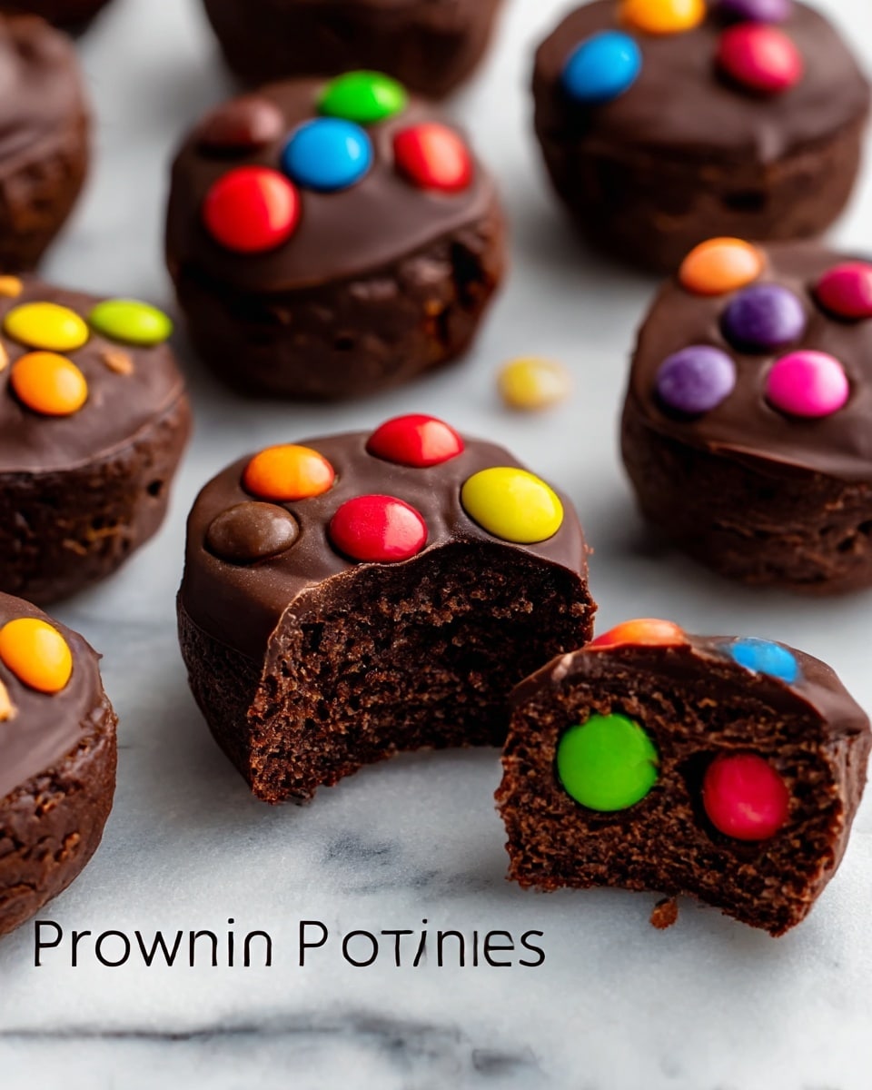 The image shows several small round brownie bites covered in smooth dark chocolate. Each bite is topped with bright colorful candy pieces in shades of pink, orange, yellow, green, blue, and purple scattered evenly on the top layer. Some bites are whole, while others are broken in half, showing a dense, moist, dark brown interior with a slightly crumbly texture. The brownie bites are placed closely together on a white marbled surface with a cozy and rich look. photo taken with an iphone --ar 4:5 --v 7