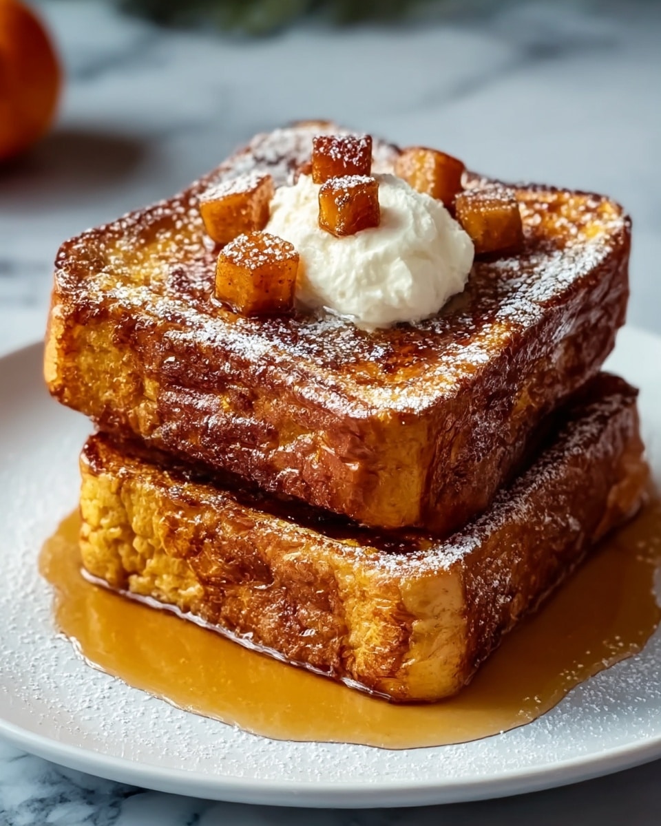 Two thick slices of golden brown French toast are stacked in the center of a white plate, each slice showing a crispy, slightly caramelized texture on the edges. On top, there is a small dollop of creamy butter surrounded by several small, caramelized apple chunks that are golden and slightly crispy. The French toast and topping are lightly dusted with powdered sugar, while a rich amber syrup pools around the base of the stack, creating a glossy finish. The background shows a soft focus, contrasting with the sharp detail of the dish, set on a white marbled texture. photo taken with an iphone --ar 4:5 --v 7