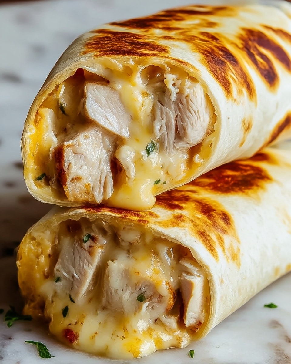 A close-up image of two grilled chicken and cheese burritos stacked on top of each other, wrapped in a soft light beige tortilla with golden brown grilled spots on the surface. Inside, thick pieces of white chicken meat mixed with melted, creamy yellow cheese can be seen oozing out, showing a gooey and juicy texture. Small green herb bits are scattered lightly on the burrito wrap. The burritos rest on a white marbled surface, enhancing the warm and inviting look of the dish. Photo taken with an iphone --ar 4:5 --v 7