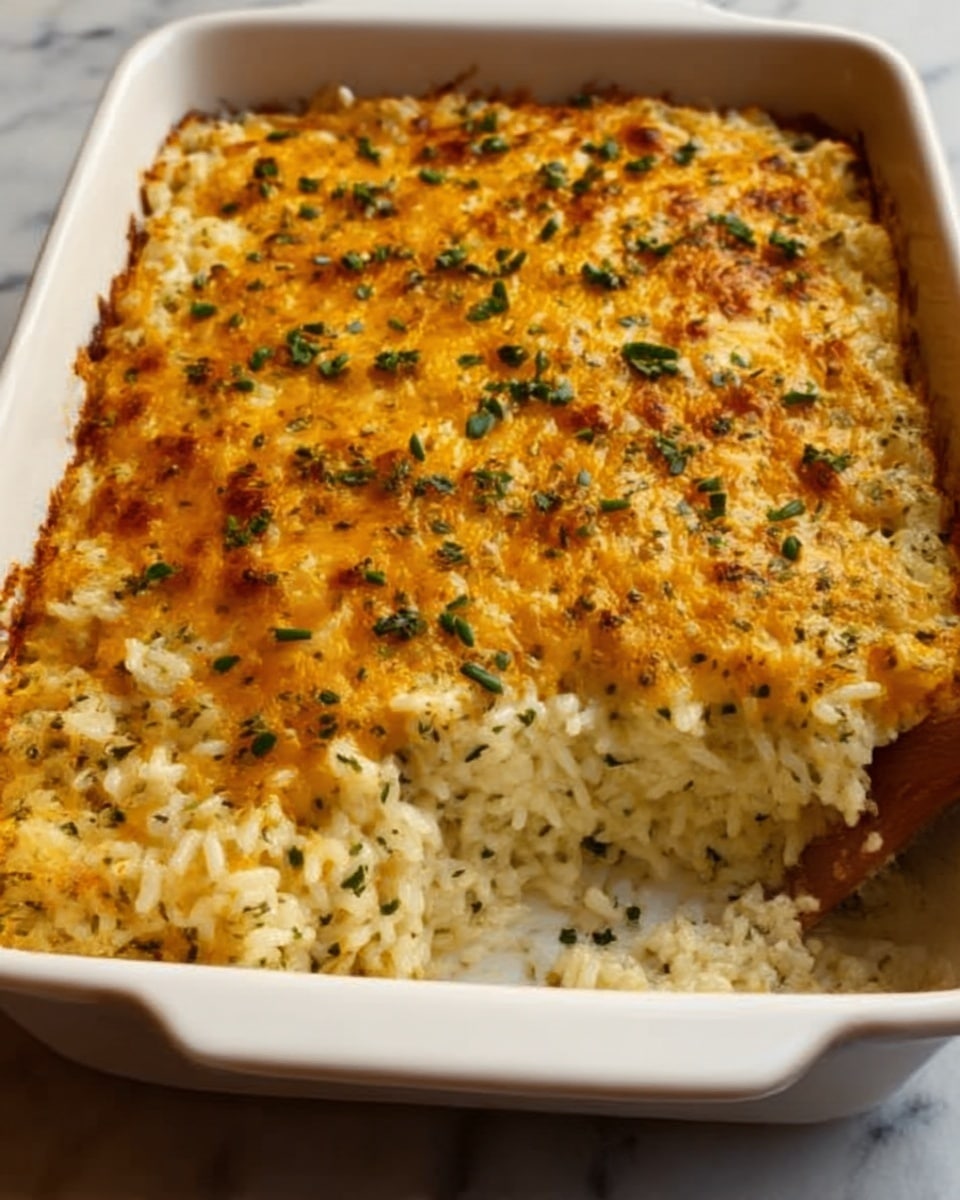 A white rectangular baking dish filled with a baked rice casserole. The bottom layer is creamy white rice mixed with herbs. On top, a golden-brown baked cheese layer covers the rice, slightly crispy and bubbly with small green herb pieces scattered across. One corner is scooped out, showing the soft, creamy rice beneath the melted cheese crust. The dish sits on a white marbled surface. photo taken with an iphone --ar 4:5 --v 7