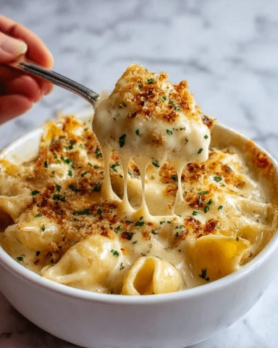 The image shows a white bowl filled with creamy baked pasta, where the top layer is golden brown and crispy with melted cheese and small green herb pieces scattered on top. Underneath the browned cheese layer is a rich, smooth, light cream sauce covering small pasta pieces, some slightly textured and folded, showing a soft yellow color. A woman's hand holds a spoon lifting a portion of the pasta, with melted cheese stretching between the bowl and the spoon. The background is a white marbled surface with soft lighting highlighting the warm and cheesy texture of the dish. Photo taken with an iphone --ar 4:5 --v 7