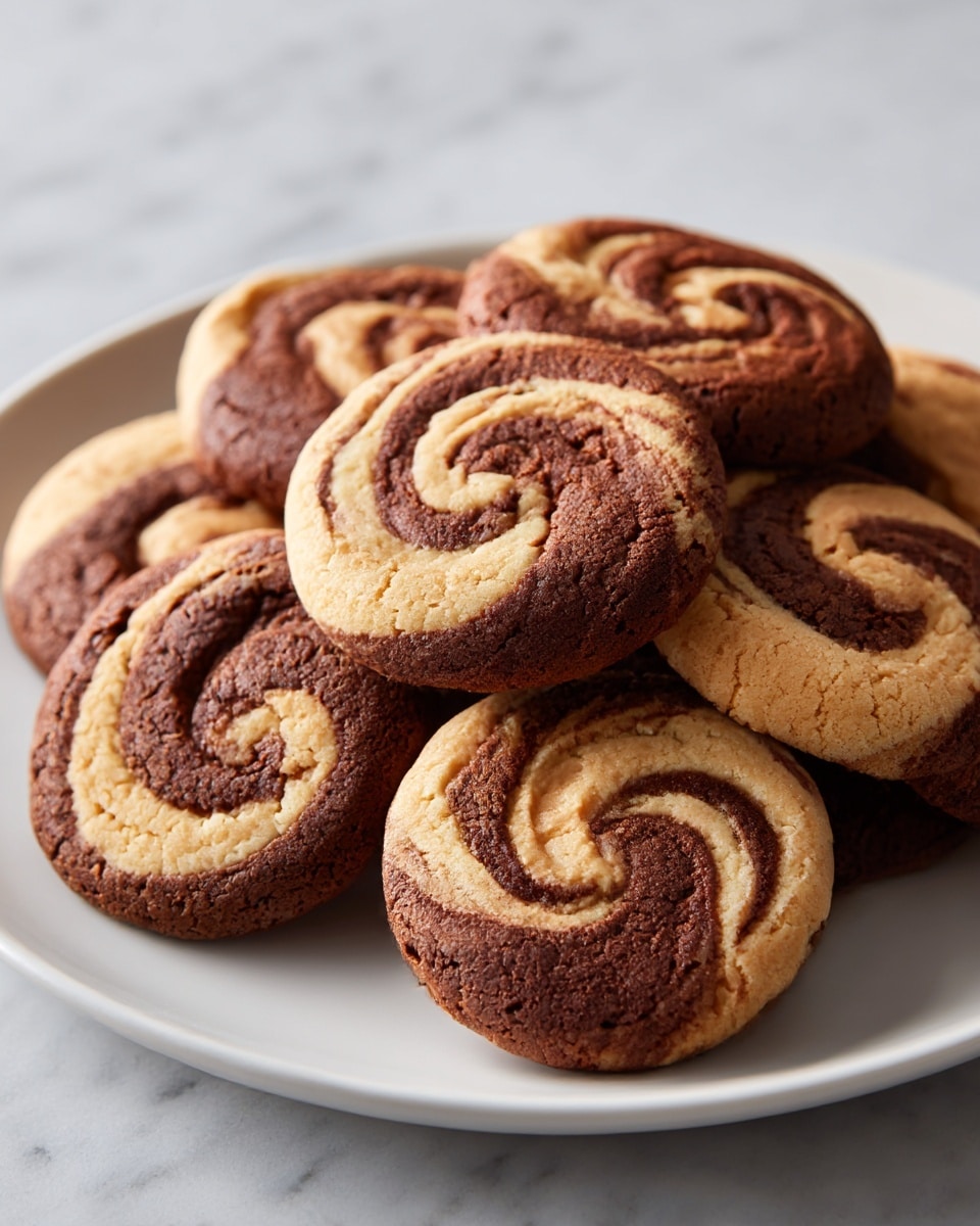 A white plate filled with round cookies that have a swirl pattern of two layers: dark brown chocolate and light brown peanut butter. Each cookie shows a smooth mix of these two colors twisted together, creating a marbled effect on the slightly cracked and soft-looking surface. The cookies are stacked closely on the plate, with some overlapping. The background shows a white marbled texture, giving a clean and bright look. photo taken with an iphone --ar 4:5 --v 7