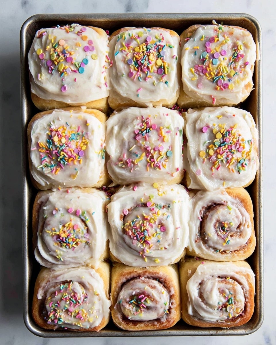Twelve cinnamon rolls sit closely together in a metal baking tray on a white marbled surface. Each roll has two visible layers: a golden-brown dough base rolled with a darker cinnamon swirl inside, covered by a thick, creamy white icing spread unevenly on top. The icing is decorated with colorful round confetti sprinkles in bright pink, yellow, green, blue, purple, and orange, scattered generously on each roll. The rolls have a soft, fluffy texture with the icing slightly melting into the swirls. photo taken with an iphone --ar 4:5 --v 7
