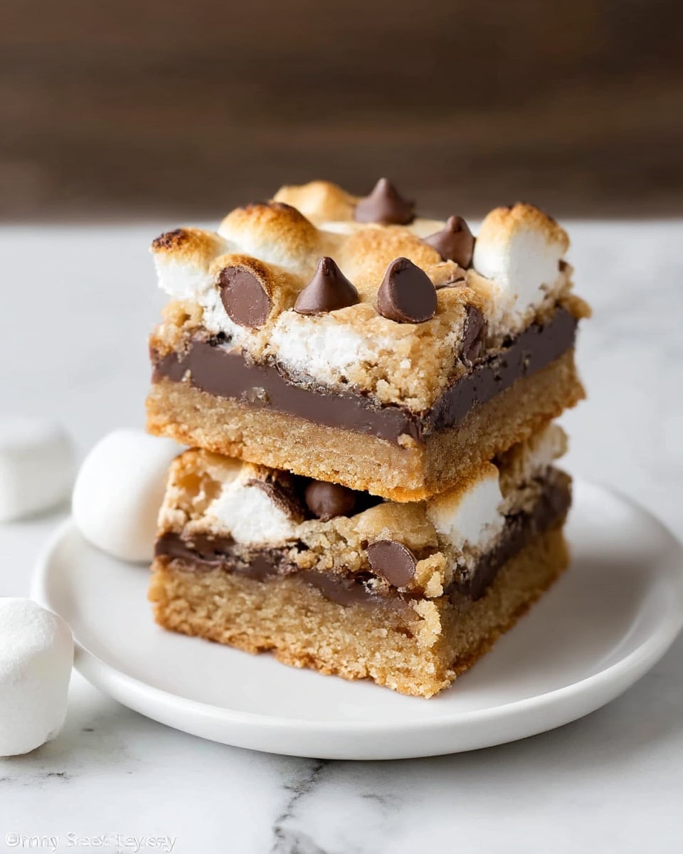 Two square dessert bars are stacked on a small white plate, placed on a white marbled surface with a rustic wooden table visible beneath. Each bar has three layers: the bottom layer is a thick, golden-brown, crumbly cookie crust; the middle layer is a smooth, rich dark chocolate, and the top layer is a light tan crumbly topping mixed with white melted marshmallow pieces and small dark chocolate chips scattered on top. The texture of the top is slightly uneven and soft-looking. Photo taken with an iphone --ar 4:5 --v 7