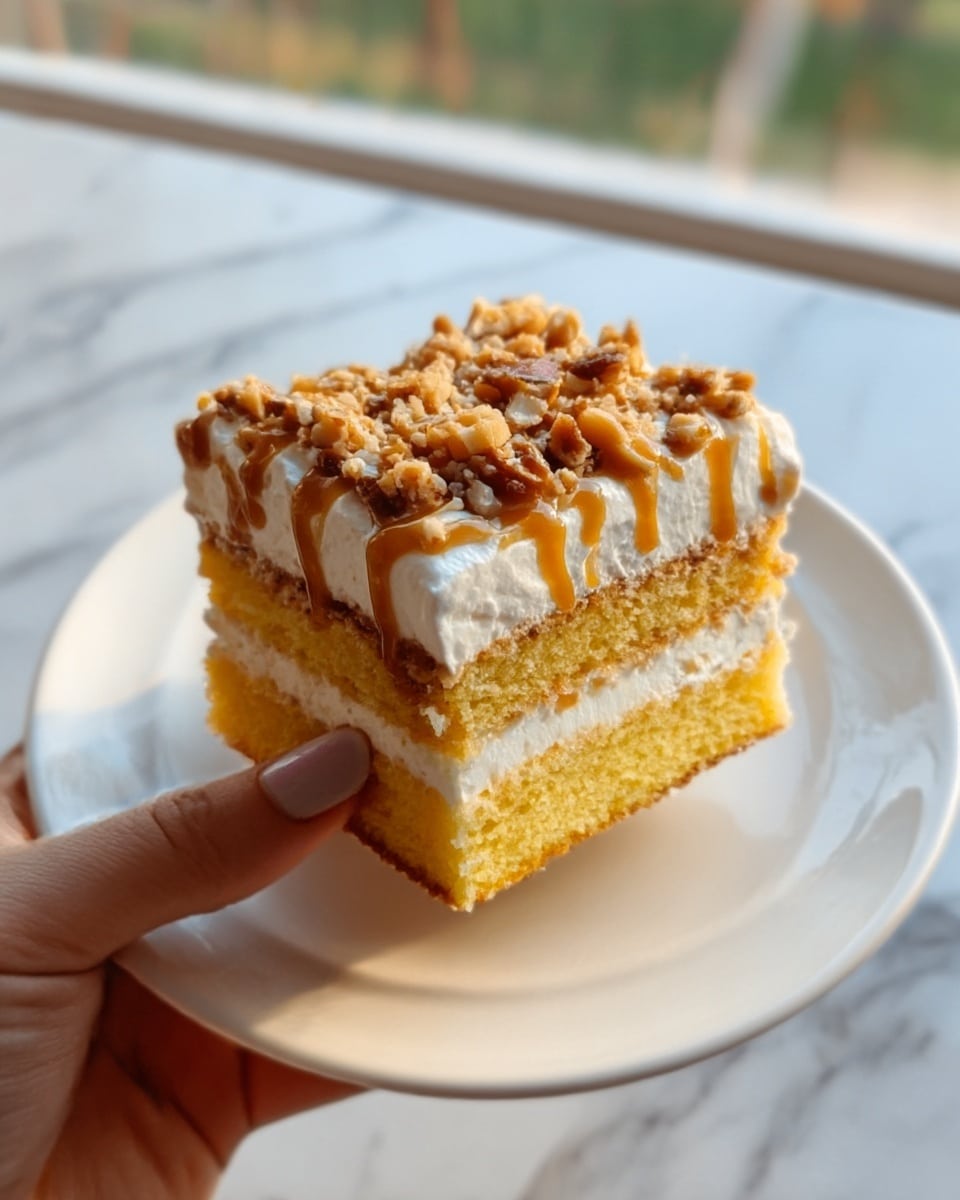 A square piece of cake on a white plate, held by a woman's hand. The cake has three visible layers: a bottom layer of soft yellow sponge cake, a thick middle layer of white whipped cream, and a top layer covered with a caramel-colored sauce that is drizzled unevenly, sprinkled with small crunchy bits. The plate sits on a white marbled surface with soft daylight coming from the back window. photo taken with an iphone --ar 4:5 --v 7