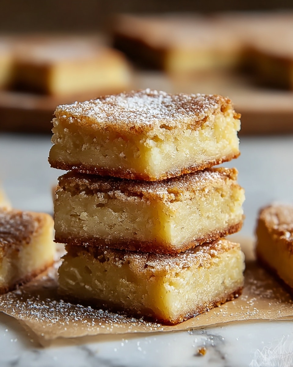 A stack of four square blondies is shown closely, each blondie with two layers: a dense, crumbly pale yellow base topped with a slightly darker golden brown crust speckled with sugar. The top layer has a rough texture with light cracks and a dusting of powdered sugar. The blondies are set on parchment paper with more blondies blurred in the background, all placed on a white marbled surface. photo taken with an iphone --ar 4:5 --v 7
