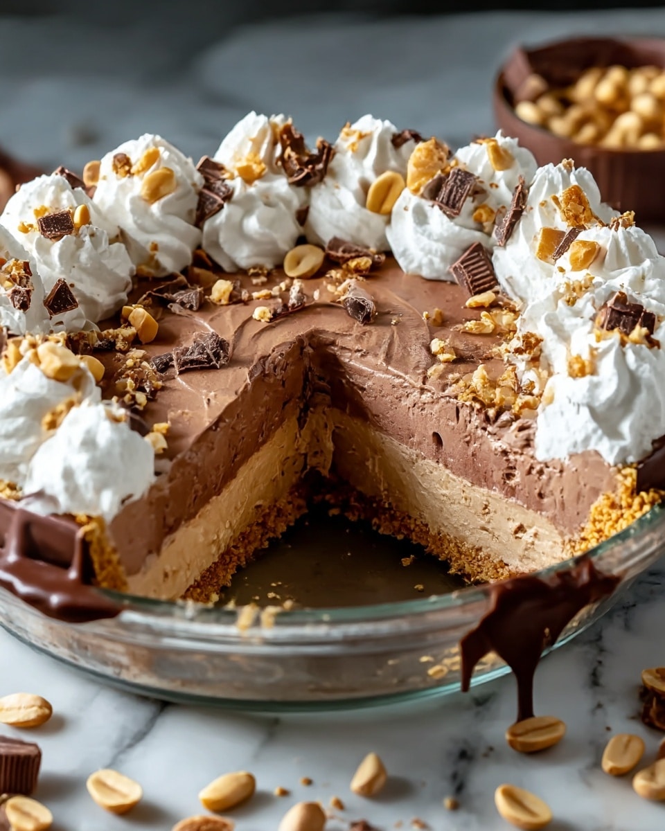 The image shows a close-up of a three-layer chocolate peanut pie in a clear glass pie dish with a slice missing to reveal its inside. The bottom layer is a crumbly peanut crust in light brown, topped by a thick, smooth milk chocolate mousse layer in medium brown. The top layer is a glossy dark chocolate ganache, decorated with swirls of white whipped cream around the edge, each topped with pieces of broken chocolate, whole peanuts, and crushed nuts sprinkled all over. A little chocolate drizzle flows over the side of the pie dish. The pie is placed on a white marbled texture surface with scattered peanuts around it. Photo taken with an iphone --ar 4:5 --v 7