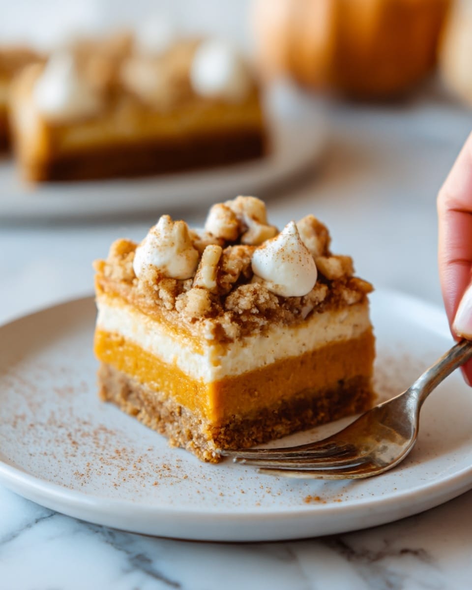 The image shows a slice of layered cake on a white plate with a light brown rim, placed on a white marbled surface. The cake has three visible layers: the bottom layer is golden and crumbly, the middle layer is a thick orange filling, and the top layer consists of a chunky brown topping with visible textures, possibly nuts or crumbs. On top, there is a swirl of light-colored cream. To the left of the plate, a woman's hand holds a silver fork with an intricate handle, slightly touching the plate. In the background, another white plate with more cake pieces is blurred out. Photo taken with an iphone --ar 4:5 --v 7