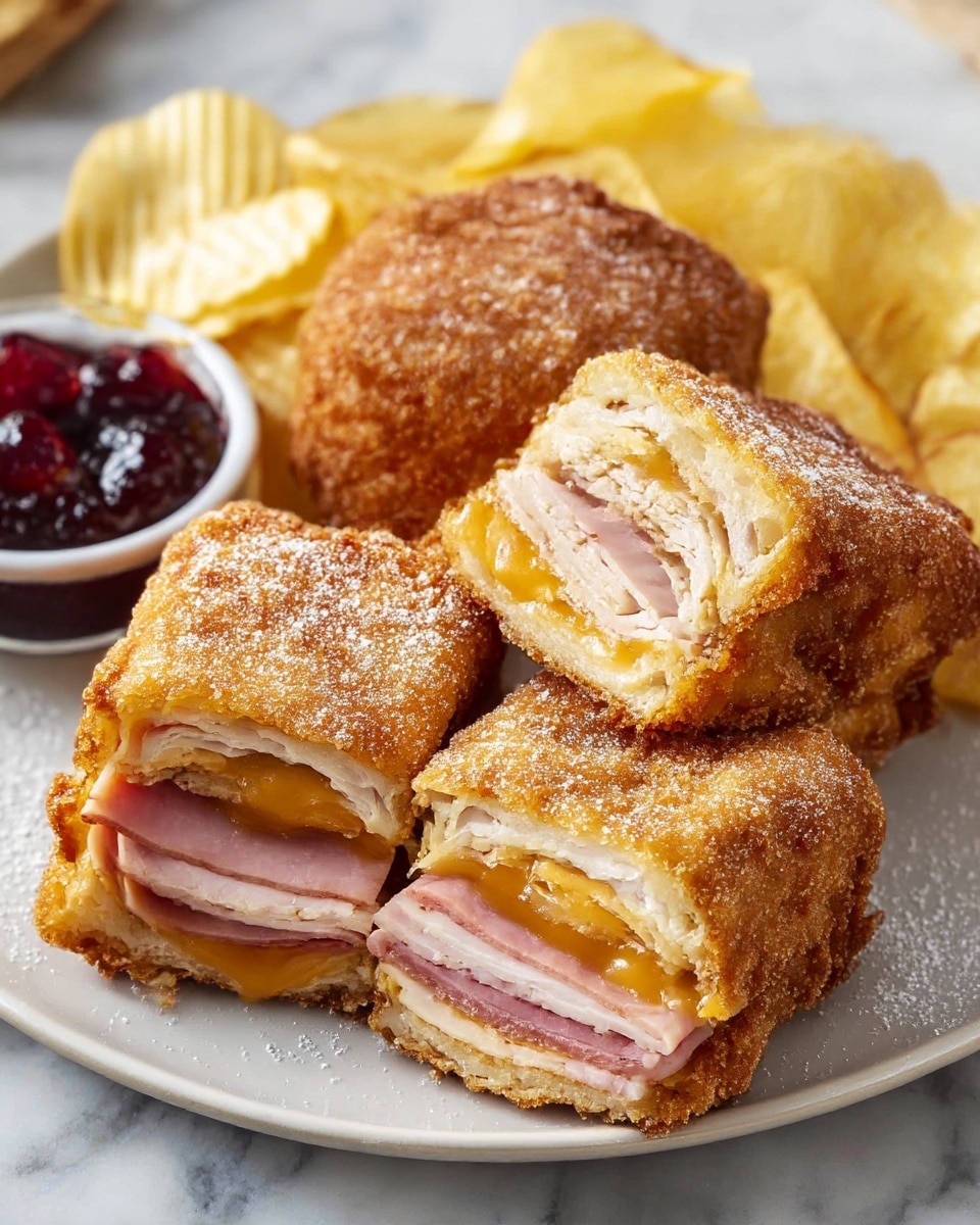 Three fried sandwich pieces are placed on a white plate with a rough texture, resting on a white marbled surface. Each sandwich has a thick outer golden-brown crust that looks crispy and crunchy. One sandwich is whole, showing its craggy golden outside, while the other two are cut in half, displaying the inside layers clearly: a layer of melted yellow cheese, several pink ham slices stacked neatly, and white turkey or chicken layers. Around the sandwiches, there are some light-colored potato chips and a small white cup filled with dark red jam on the side. Light powdered sugar is sprinkled lightly on the plate. photo taken with an iphone --ar 4:5 --v 7