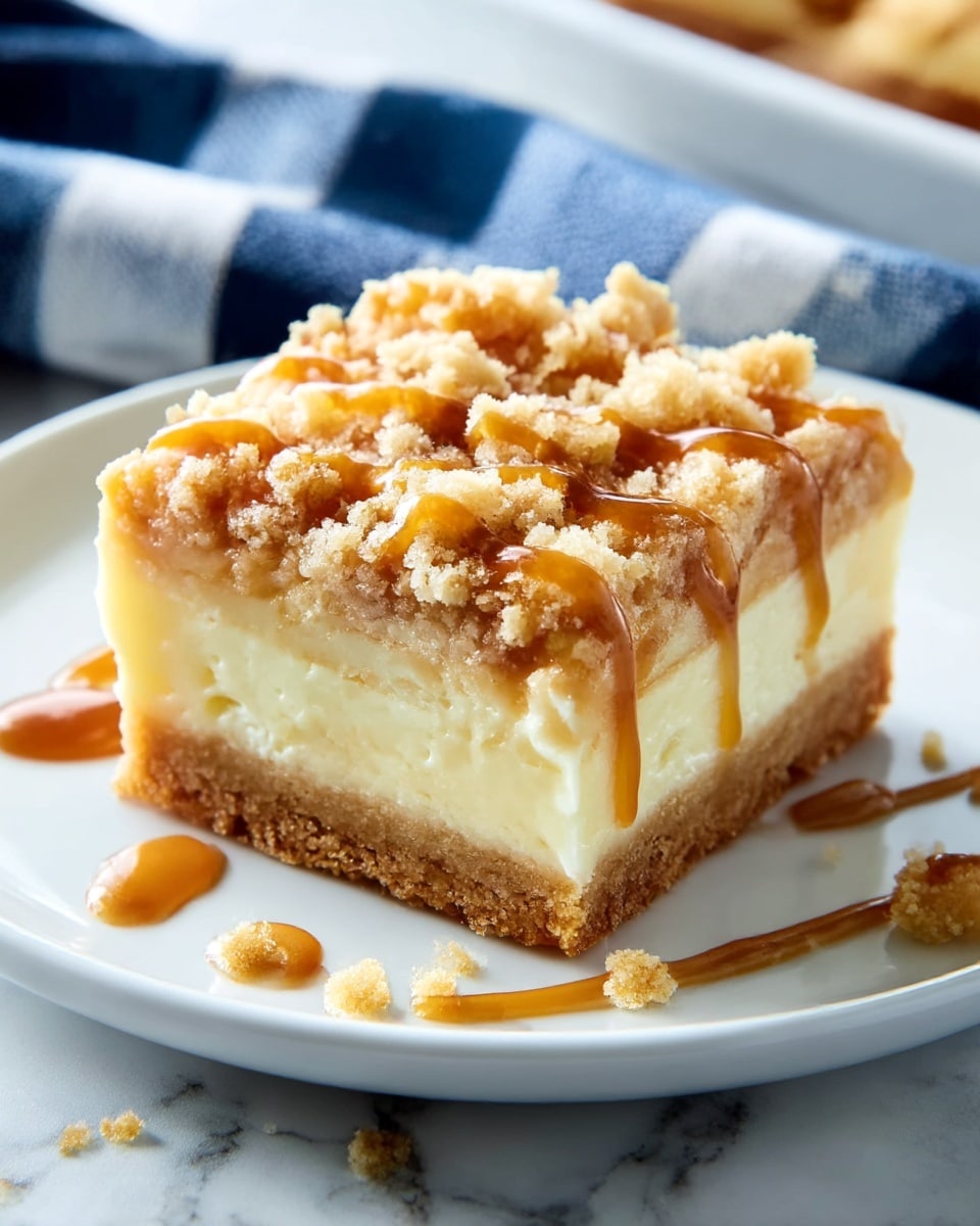 A square piece of dessert with three visible layers sits on a white plate over a white marbled surface. The bottom layer is dense and light brown with a crumbly texture. The middle layer is thick, creamy, and off-white, looking soft and smooth. The top layer is a golden crumb topping that looks crunchy with small clumps, drizzled with a shiny caramel sauce in a wavy pattern. Some small crumb bits are scattered around the dessert on the plate. In the background, part of a woman's hand holding a utensil is slightly visible, and a blue and white cloth is under the plate. Photo taken with an iphone --ar 4:5 --v 7