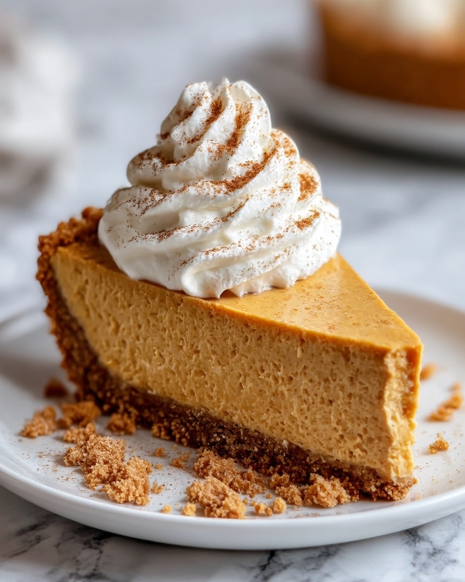 A close-up of a slice of pumpkin cheesecake with three visible layers sits on a white plate with a white marbled texture background. The bottom layer is a thick, crumbly brown crust with some crumbs scattered on the plate. The middle layer is a smooth, dense, orange pumpkin cheesecake filling. The top layer has a large swirl of white whipped cream sprinkled with light brown cinnamon powder, covering part of the cheesecake. The light and texture details show a soft and creamy dessert. Photo taken with an iphone --ar 4:5 --v 7
