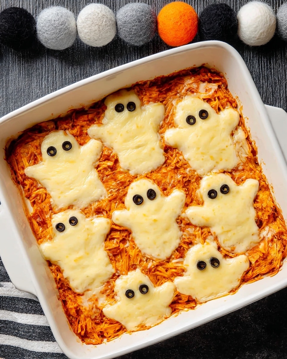 A white rectangular baking dish filled with an orange shredded chicken base mixed with sauce, topped with eight ghost-shaped white cheese slices evenly spaced in two rows. Each ghost has two small black olive pieces for eyes, giving a cute and spooky look. The cheese has a smooth texture contrasting with the stringy chicken beneath. The dish is set on a dark surface with a line of colorful felt balls in white, gray, black, and orange above. Photo taken with an iphone --ar 4:5 --v 7