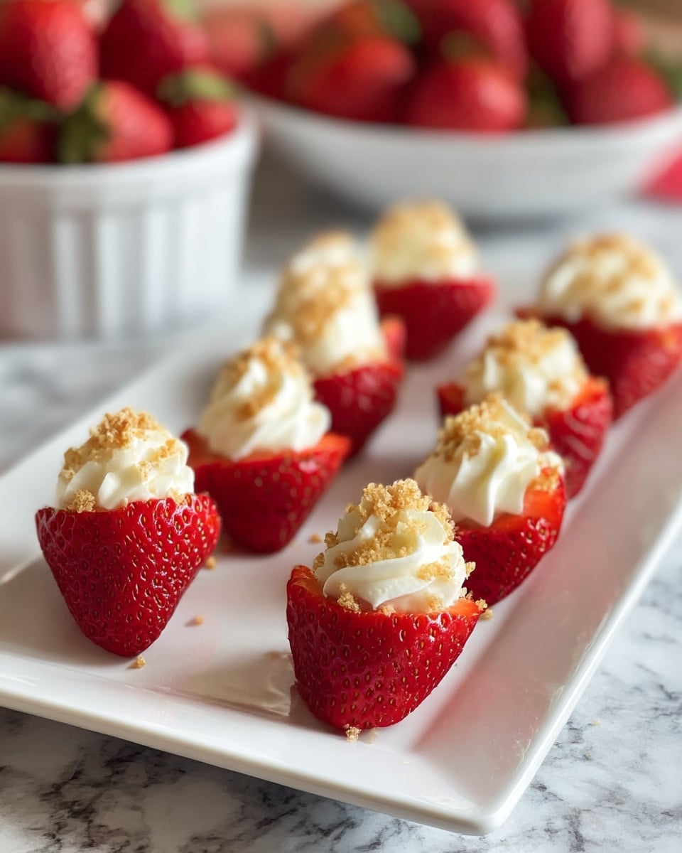 A white rectangular plate filled with halved strawberries arranged in rows, each strawberry half topped with a dollop of white whipped cream and sprinkled with light brown crumbs. The strawberries are bright red with their seeds visible, and the whipped cream is piped in a swirl pattern. The plate is set on a table with a white marbled texture background, and in the blurred background, there is a white bowl filled with whole strawberries. photo taken with an iphone --ar 4:5 --v 7