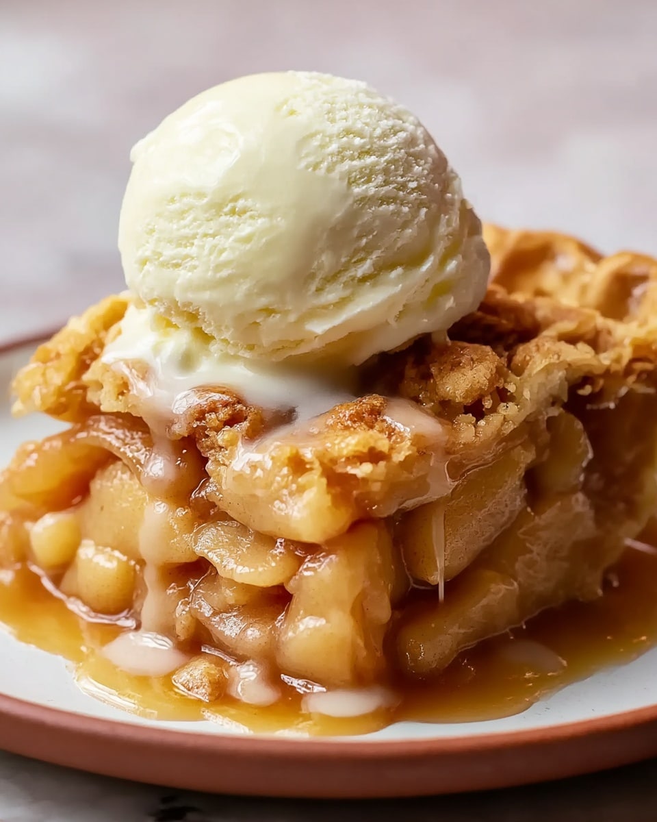 A close-up view of a square piece of apple pie with a golden-brown crumbly crust on top, filled with soft, juicy apple slices coated in a glossy caramel sauce. The pie is placed on a white plate with a brown rim, sitting on a white marbled texture surface. On top of the pie, there is a smooth, round scoop of creamy vanilla ice cream starting to melt, with some melting ice cream dripping over the crust and filling, creating a warm and inviting look. photo taken with an iphone --ar 4:5 --v 7