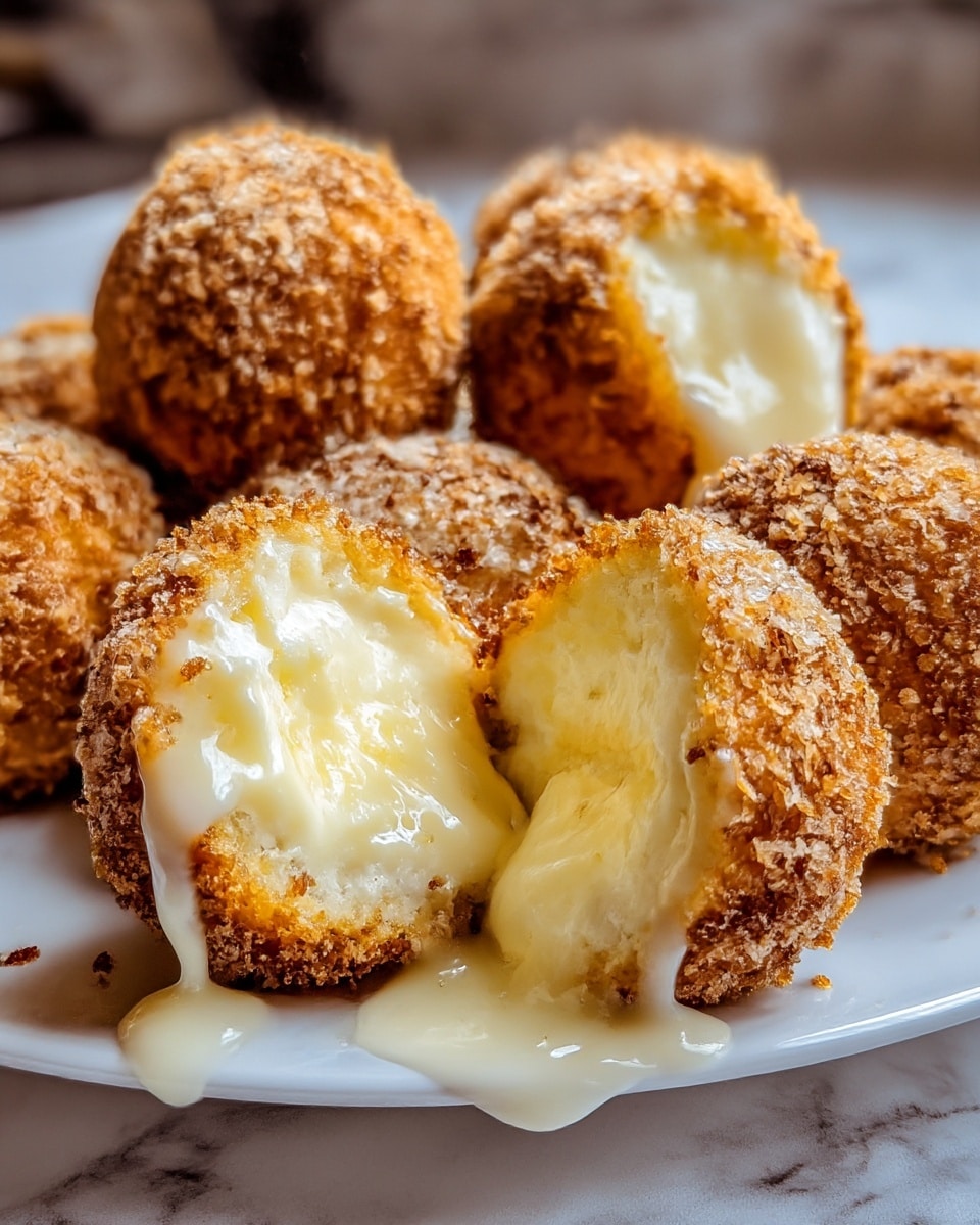 The image shows several round, golden-brown fried balls with a crunchy, crumb-coated outer layer, placed on a white plate. One of the balls is cut in half in the front, revealing a creamy, pale yellow filling that looks smooth and thick, with a drizzle of white sauce melting over the top and dripping slightly down the sides. The balls are arranged close together, and the background is softly blurred with warm lighting. photo taken with an iphone --ar 4:5 --v 7