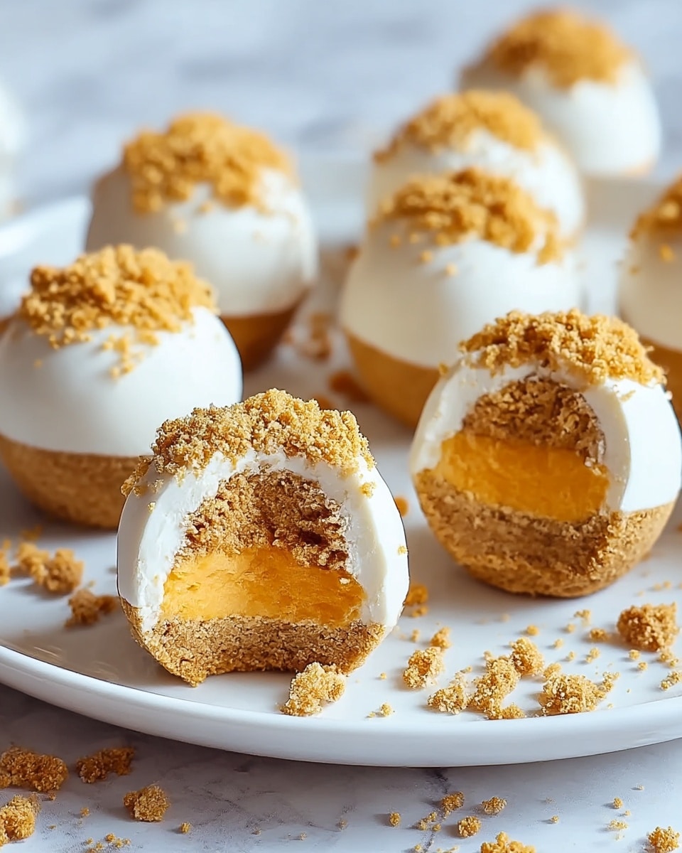 The image shows round treats with three main layers placed on a white plate on a white marbled surface. The bottom layer is a crumbly, light brown crust. The middle layer is thick and creamy, bright orange in color. The top layer is smooth and white, covering the orange filling and topped with a coarse, golden-brown crumb coating. Some crumbs are scattered on the plate around the treats, and two of the treats have bites taken out, revealing the layers inside clearly. Photo taken with an iphone --ar 4:5 --v 7