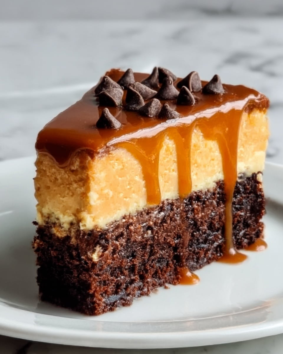A slice of cake with three layers is shown on a white plate placed on a white marbled surface. The bottom layer is dark brown and crumbly, resembling a chocolate crust. The middle layer is thick, light yellow, and smooth, like a cheesecake. The top layer has shiny caramel sauce dripping down the sides and is sprinkled with small chocolate chips. The caramel drips create a contrast with the dark and light layers underneath. Photo taken with an iphone --ar 4:5 --v 7