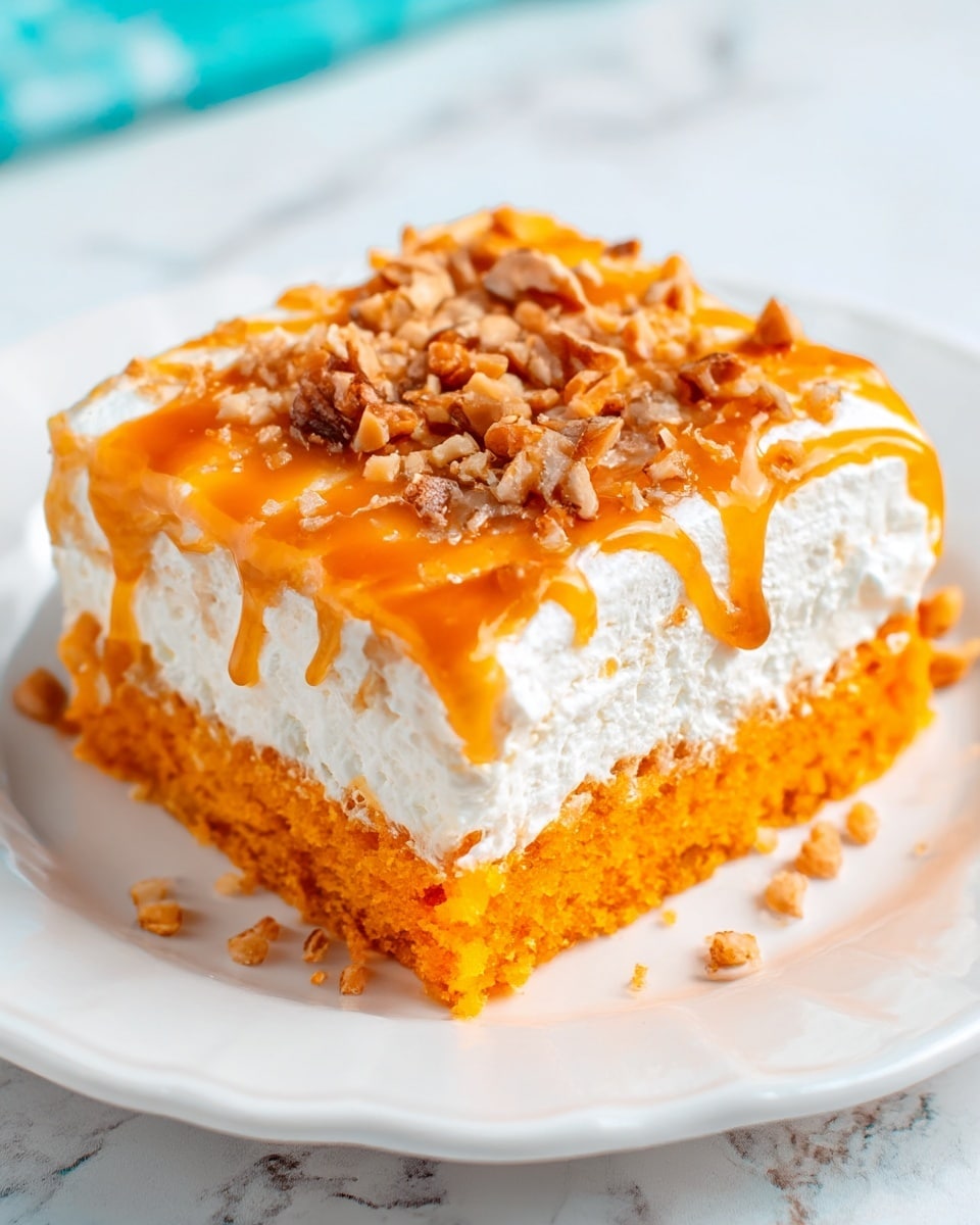 The image shows a square piece of pumpkin dessert on a plain white plate. The dessert has three visible layers: a soft orange pumpkin layer at the bottom, a thick white creamy layer in the middle, and a drizzle of orange sauce on top. Crushed nuts, likely pecans, are sprinkled generously over the top layer. The plate rests on a white marbled surface with a hint of a blue cloth in the background. The overall look is rich and textured, with the orange and white colors standing out clearly. photo taken with an iphone --ar 4:5 --v 7