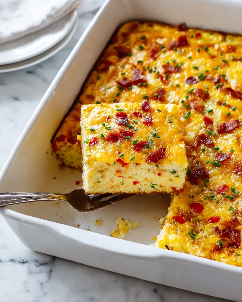 The image shows a square white baking dish filled with a baked casserole that is cut into pieces. The casserole has three visible layers: a thick bottom layer of light yellow cooked pasta or noodles, a middle layer with bits of diced red peppers and green herbs mixed throughout, and a top layer covered with melted golden-yellow cheese and scattered bacon pieces. One square piece is slightly lifted out from the dish on a silver spatula, showing the layers clearly. The dish sits on a white marbled surface, with some white bowls stacked in the background. photo taken with an iphone --ar 4:5 --v 7