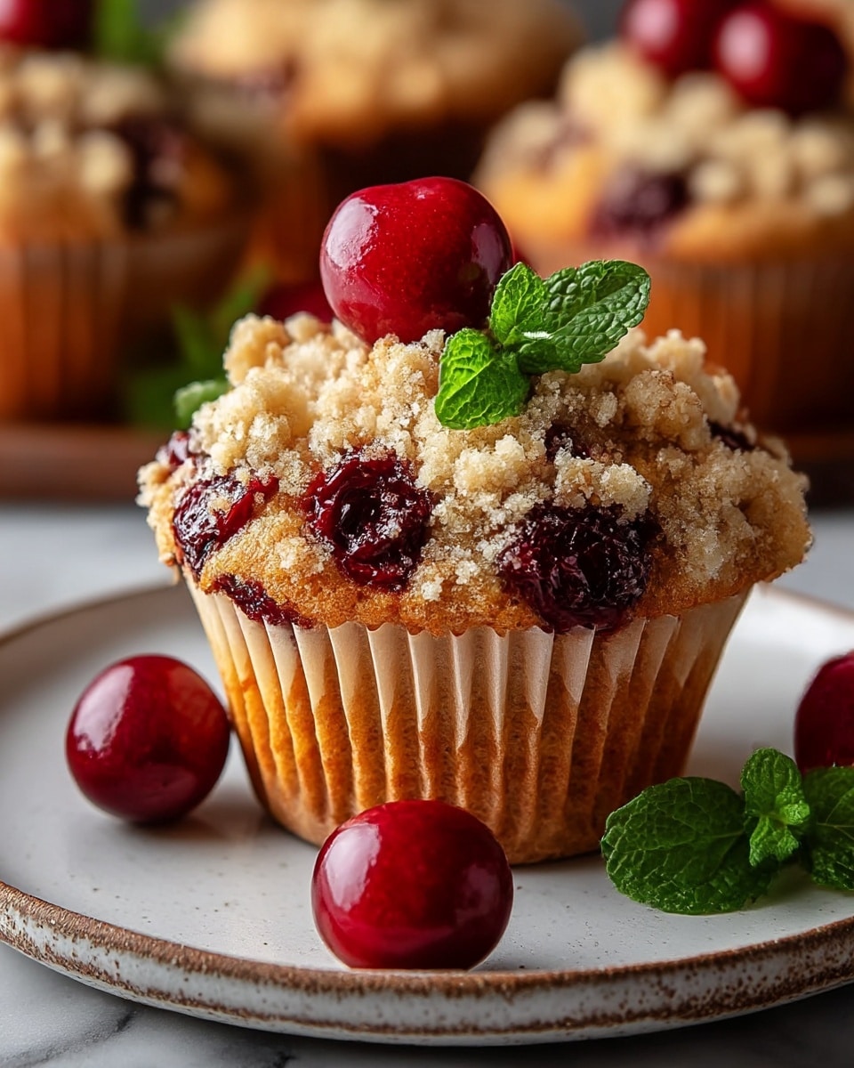 A close-up view of a single muffin on a white plate with a rustic texture, topped with a crumbly golden streusel layer mixed with dark red berry pieces, juicy red cherries sitting on top along with a small fresh green mint leaf, the muffin paper liner is light brown and slightly ruffled, with two cherries placed on the plate around it; the background shows more similar muffins slightly out of focus on the white marbled surface. photo taken with an iphone --ar 4:5 --v 7