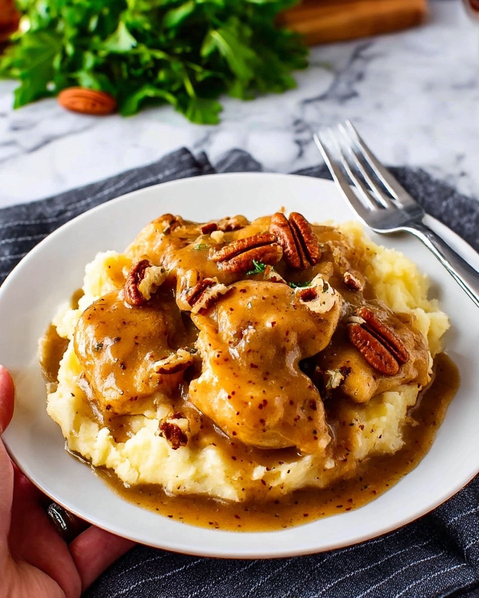 This image shows a white plate with a base layer of creamy, light yellow mashed potatoes, smooth in texture and evenly spread. On top, there are several pieces of golden-brown chicken covered with a thick, glossy brown gravy that has small bits of seasoning mixed in. The gravy is rich and covers both the chicken and some of the mashed potatoes, with a few pieces of chopped nuts sprinkled on top for texture and added color. In the background, there is a small pile of green leafy vegetables, and the plate is placed on a white marbled textured surface with a dark gray striped cloth underneath. A silver fork rests beside the plate, and a woman's hand is visible holding it. photo taken with an iphone --ar 4:5 --v 7
