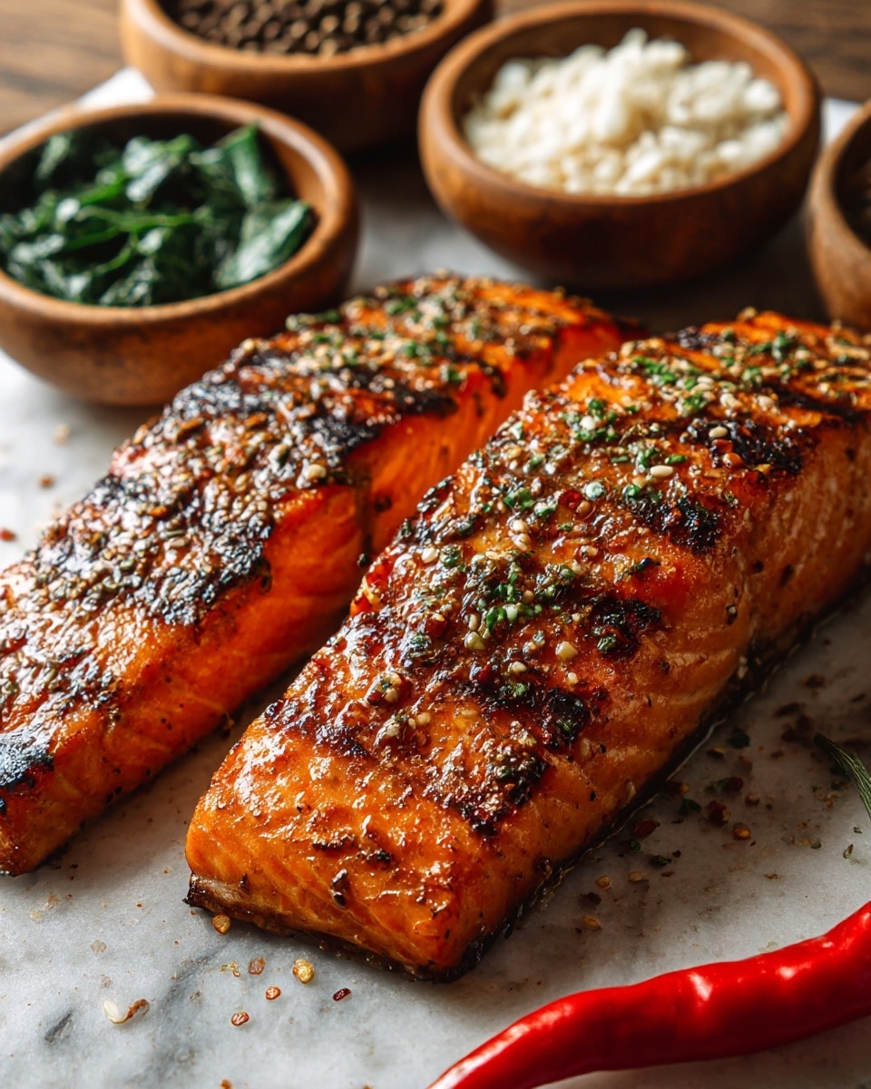 Two grilled salmon fillets with a shiny, glazed look sit on a wooden board. The top of each fillet is covered in black and white peppercorns and small green herb bits. The salmon has a bright orange color with darker, slightly charred grill marks. In the background, there are three small round white bowls, each with different contents: one has green cooked spinach, another has white rice, and the last holds whole peppercorns. A red chili lies next to the salmon on the board. The whole scene is set on a white marbled surface. photo taken with an iphone --ar 4:5 --v 7