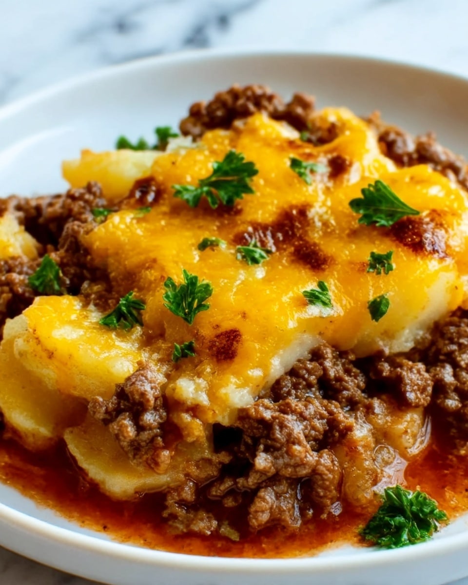 The image shows a close-up of a cooked dish with three clear layers. The bottom layer is a red sauce, smooth in texture, visible at the edges. Above it is a layer of cooked, crumbled ground beef, brown and slightly chunky. The top layer consists of melted yellow cheddar cheese with some darker spots where it browned, covering the dish unevenly. Small green parsley leaves are scattered across the cheese, adding a fresh color contrast. The dish is served on a round white plate, placed on a white marbled surface. Photo taken with an iphone --ar 4:5 --v 7
