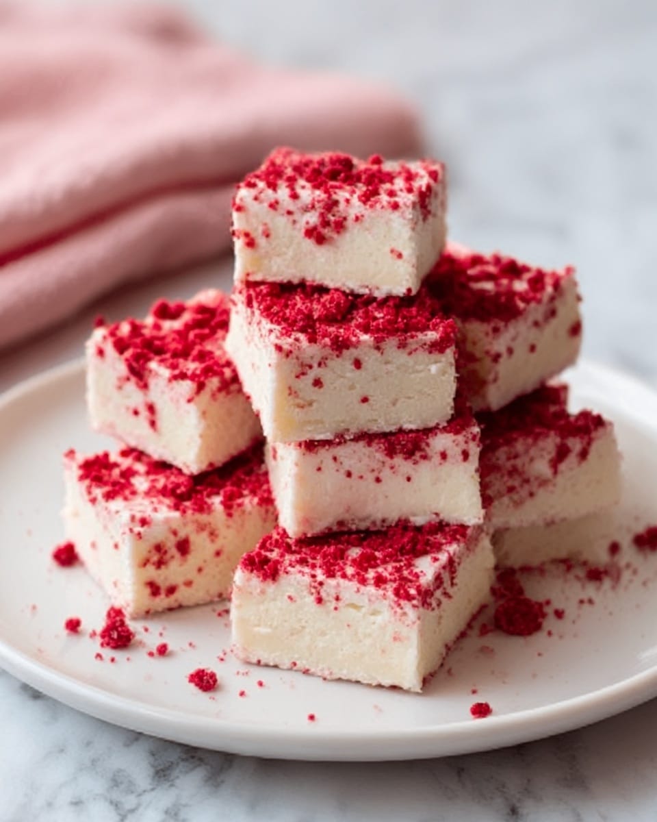 A stack of white square dessert bars is shown on a white plate. Each bar has two main layers: the bottom layer is a smooth white base, and the top layer is covered with bright red, crumbly pieces that add texture and color contrast. The bars are neatly piled, with some pieces leaning against others. The background features a soft, white marbled surface with a red and white checkered cloth slightly visible behind the plate. The image captures the dessert close-up, highlighting the rough texture of the red topping and the smoothness of the white base. Photo taken with an iphone --ar 4:5 --v 7
