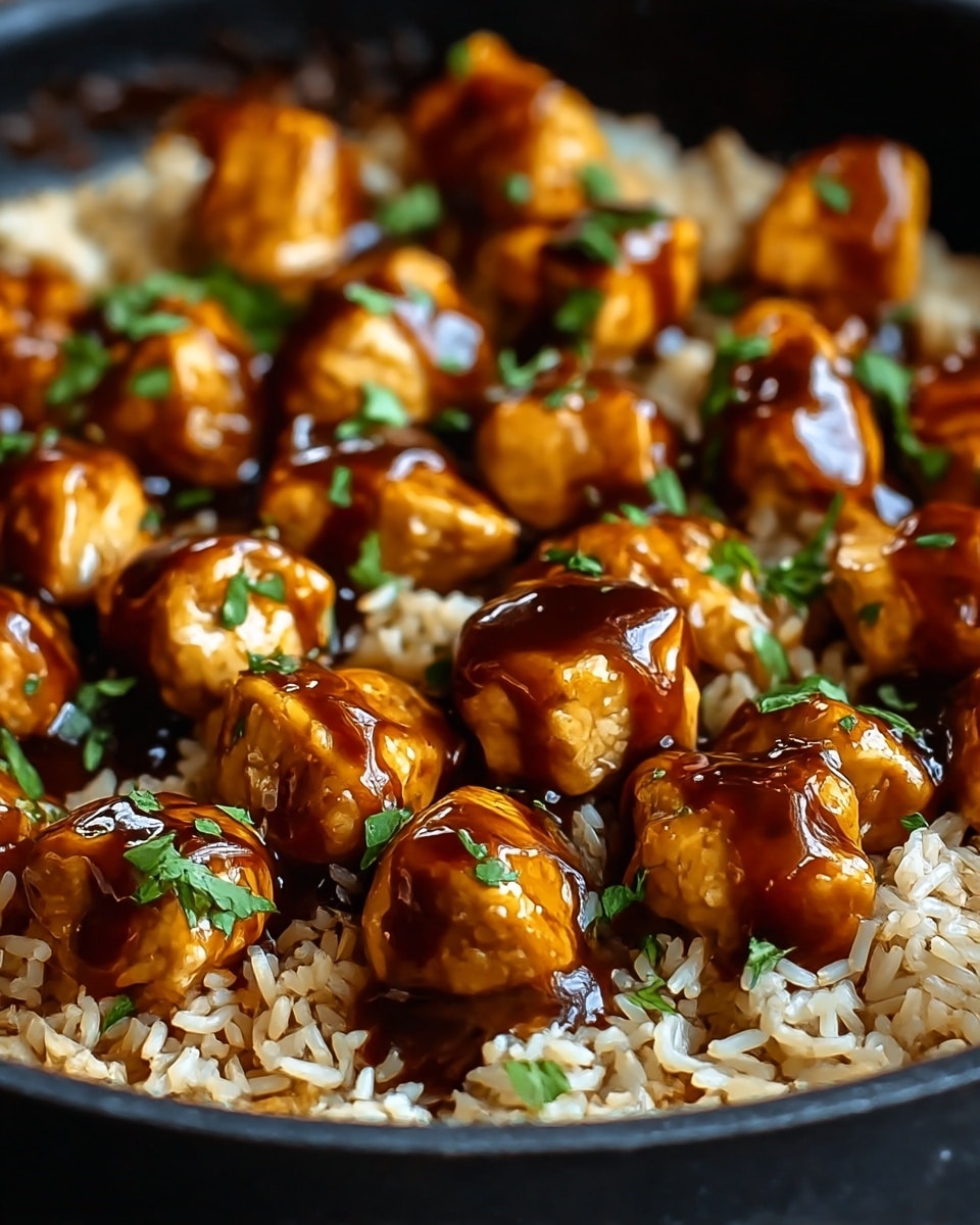 The dish shows a close-up of a single layer of light brown cooked rice spread evenly on the bottom. On top, there are many chunks of glazed chicken pieces, golden-brown in color with a shiny, dark brown sauce drizzled over them, giving a glossy look. Small green herb leaves are scattered over the chicken, adding a fresh touch. The food is arranged in a shallow white pan with a smooth texture visible around the edges. The background is a white marbled texture slightly blurred, keeping the focus on the dish. Photo taken with an iphone --ar 4:5 --v 7