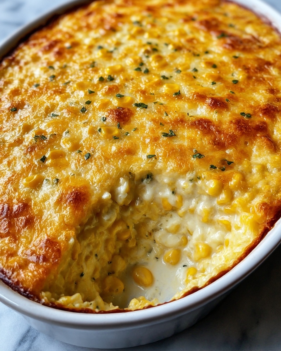 A creamy corn casserole in a white oval dish with a slightly browned golden cheese layer on top, dotted with small green herb pieces; below the top, the casserole has a thick layer of soft, cooked corn kernels mixed with white creamy sauce, showing a gooey texture where a portion has been scooped out, revealing layers of cheese melted into the corn, all set against a white marbled surface photo taken with an iphone --ar 4:5 --v 7