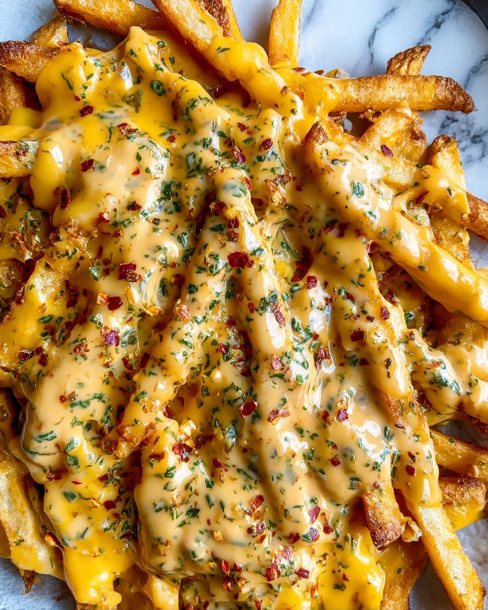 The image shows a close-up of a pile of crispy golden brown fries as the base layer, topped with a smooth, melted bright yellow cheese sauce evenly spread over the fries. On top, there is a thick layer of creamy, light beige gravy with visible green herb flakes and small red chili flakes scattered throughout. The fries and toppings cover a white plate, resting on a white marbled surface partially covered by a piece of newspaper. photo taken with an iphone --ar 4:5 --v 7
