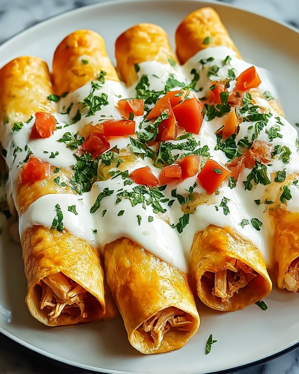 Four rolled enchiladas lay side by side on a white plate, each filled with shredded chicken visible at the open ends. The soft tortillas have a golden-orange color with a glossy texture from sauce. They are topped evenly with a thick layer of smooth white cream sauce, dotted with small red tomato pieces and sprinkled with bright green chopped cilantro. The plate rests on a white marbled background. Photo taken with an iphone --ar 4:5 --v 7